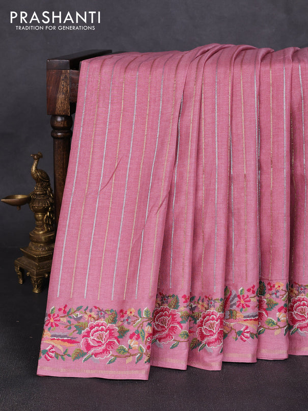 Semi tussar saree pastel pink with allover silver & zari stripe pattern and convent embroidery border