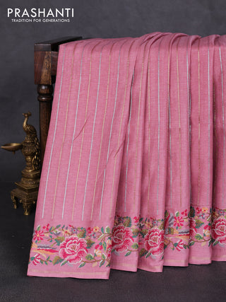 Semi tussar saree pastel pink with allover silver & zari stripe pattern and convent embroidery border