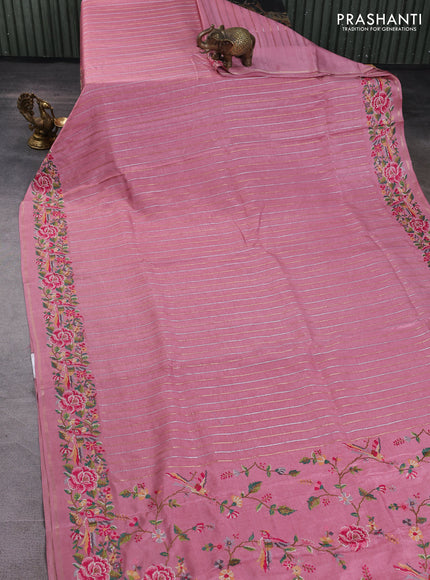 Semi tussar saree pastel pink with allover silver & zari stripe pattern and convent embroidery border