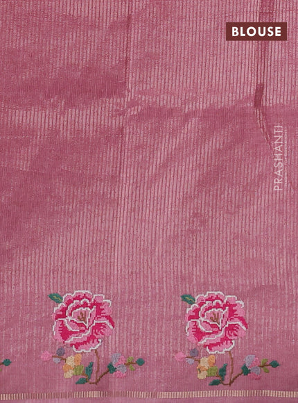 Semi tussar saree pastel pink with allover silver & zari stripe pattern and convent embroidery border