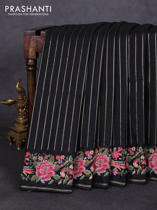 Semi tussar saree black with allover silver & zari stripe pattern and convent embroidery border