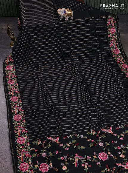 Semi tussar saree black with allover silver & zari stripe pattern and convent embroidery border