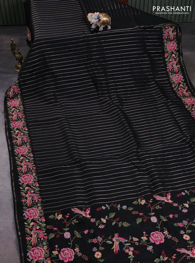 Semi tussar saree black with allover silver & zari stripe pattern and convent embroidery border