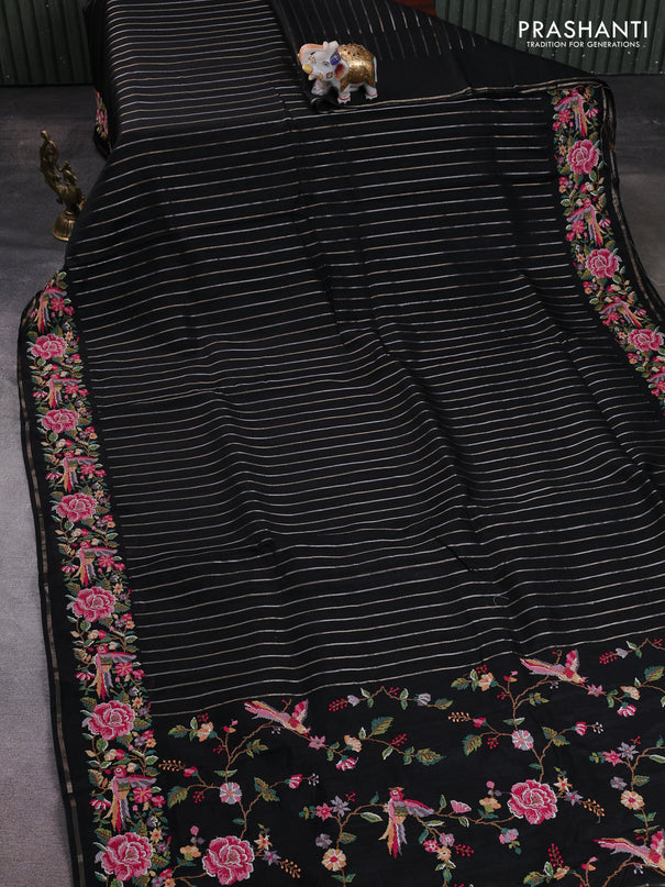 Semi tussar saree black with allover silver & zari stripe pattern and convent embroidery border
