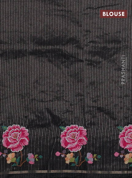 Semi tussar saree black with allover silver & zari stripe pattern and convent embroidery border