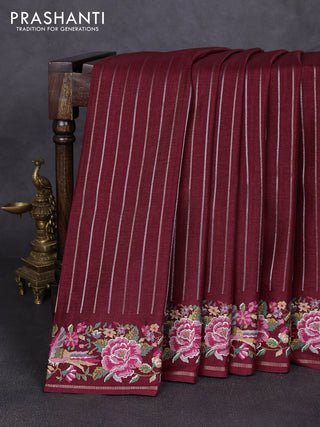 Semi tussar saree deep maroon with allover silver & zari stripe pattern and convent embroidery border