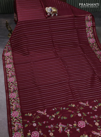 Semi tussar saree deep maroon with allover silver & zari stripe pattern and convent embroidery border