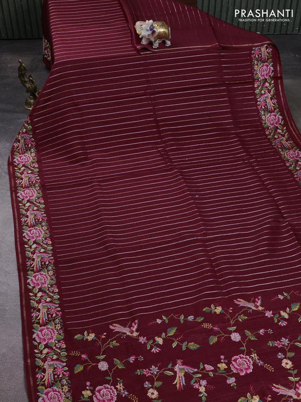 Semi tussar saree deep maroon with allover silver & zari stripe pattern and convent embroidery border