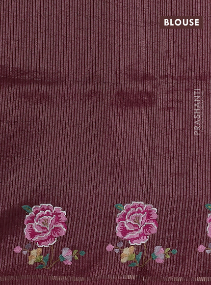 Semi tussar saree deep maroon with allover silver & zari stripe pattern and convent embroidery border