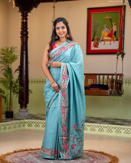Semi tussar saree teal blue with allover silver & zari stripe pattern and convent embroidery border