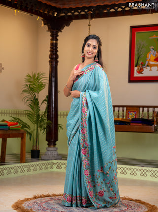 Semi tussar saree teal blue with allover silver & zari stripe pattern and convent embroidery border