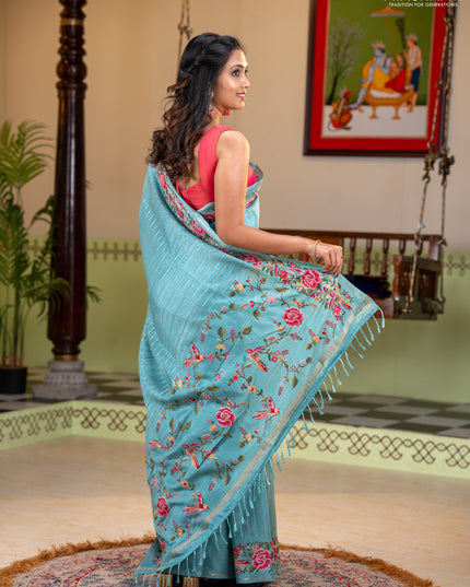 Semi tussar saree teal blue with allover silver & zari stripe pattern and convent embroidery border