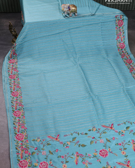 Semi tussar saree teal blue with allover silver & zari stripe pattern and convent embroidery border