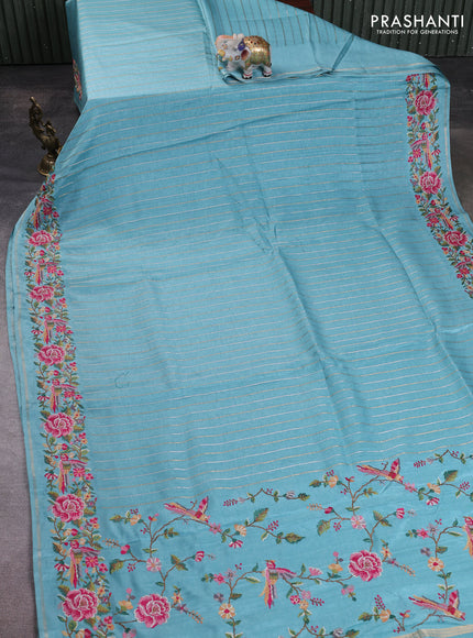 Semi tussar saree teal blue with allover silver & zari stripe pattern and convent embroidery border