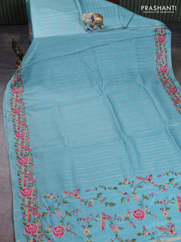 Semi tussar saree teal blue with allover silver & zari stripe pattern and convent embroidery border