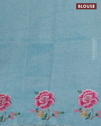 Semi tussar saree teal blue with allover silver & zari stripe pattern and convent embroidery border