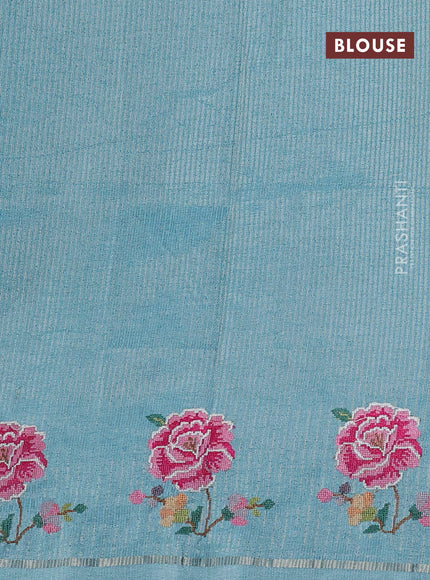 Semi tussar saree teal blue with allover silver & zari stripe pattern and convent embroidery border