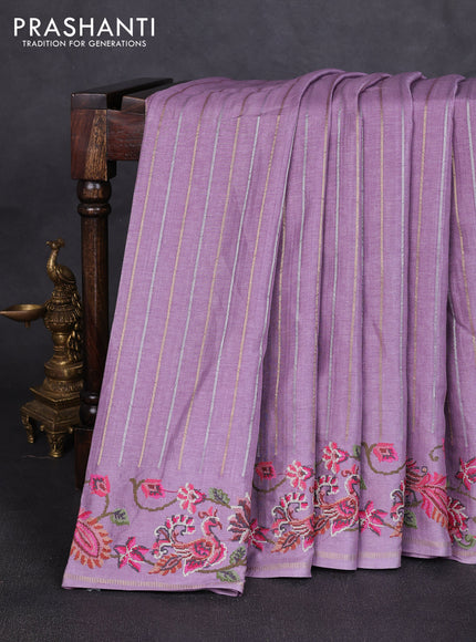 Semi tussar saree lavender with allover silver & zari stripe pattern and convent embroidery border