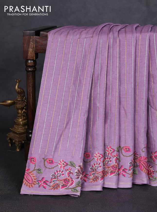 Semi tussar saree lavender with allover silver & zari stripe pattern and convent embroidery border