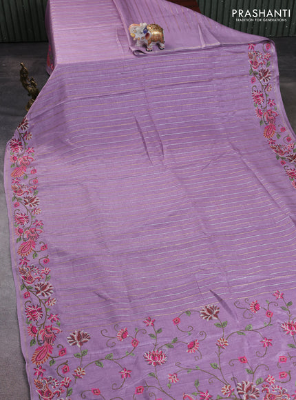 Semi tussar saree lavender with allover silver & zari stripe pattern and convent embroidery border