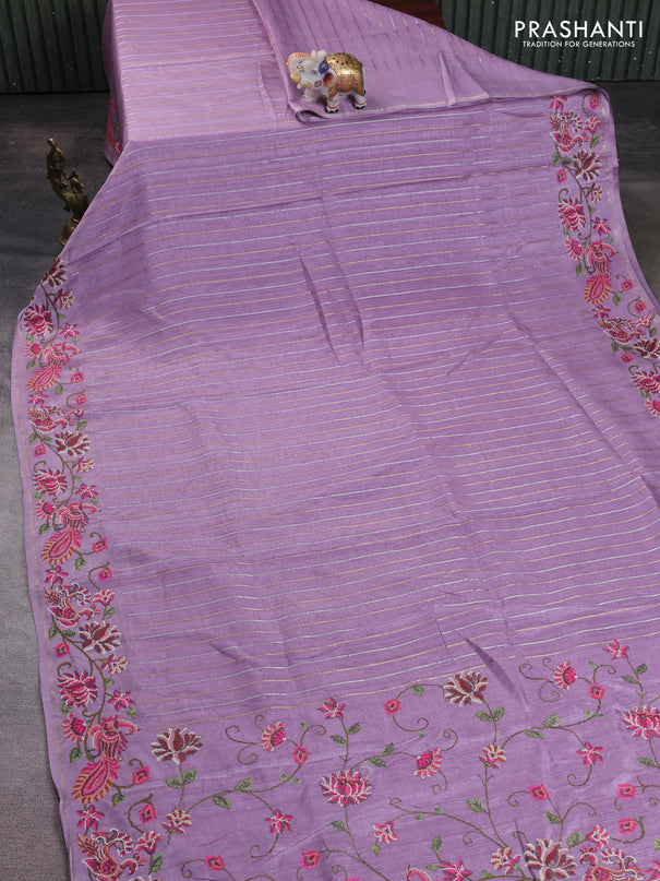 Semi tussar saree lavender with allover silver & zari stripe pattern and convent embroidery border