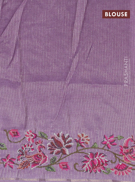 Semi tussar saree lavender with allover silver & zari stripe pattern and convent embroidery border
