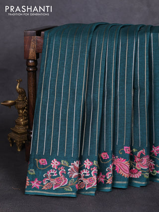 Semi tussar saree peacock green with allover silver & zari stripe pattern and convent embroidery border