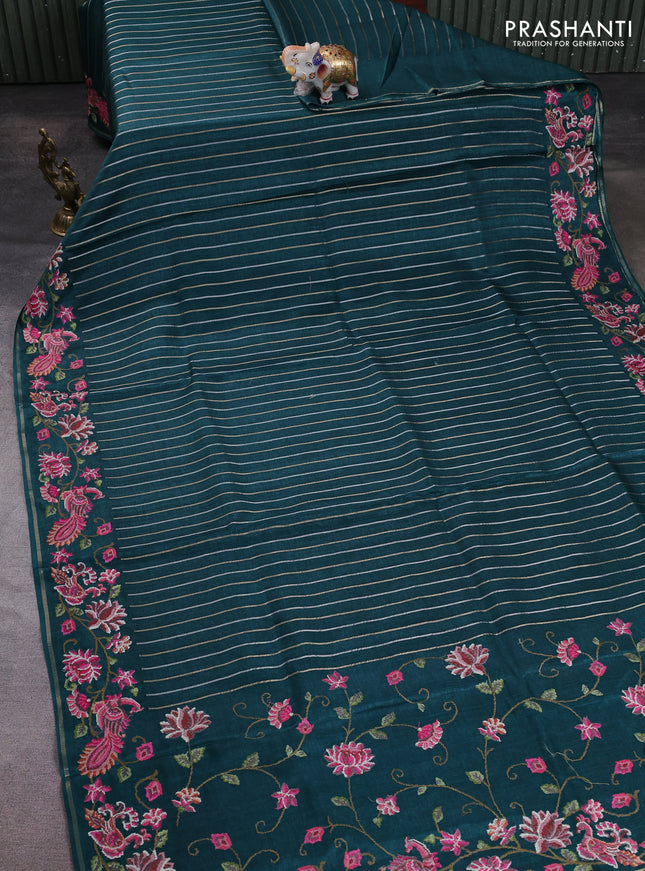 Semi tussar saree peacock green with allover silver & zari stripe pattern and convent embroidery border