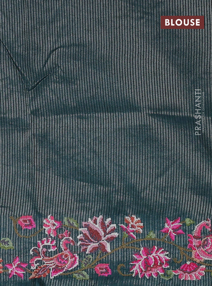 Semi tussar saree peacock green with allover silver & zari stripe pattern and convent embroidery border