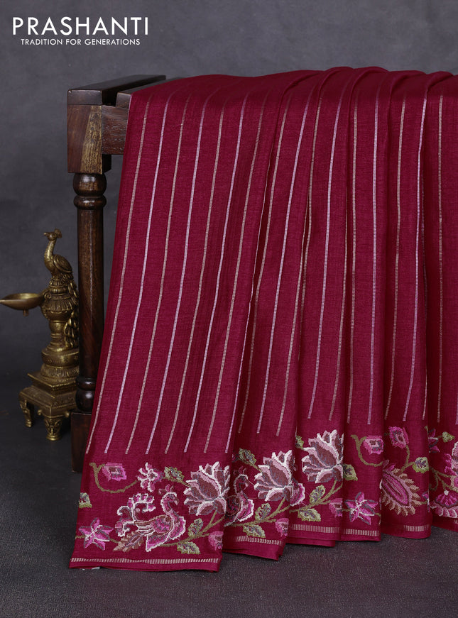 Semi tussar saree dark pink with allover silver & zari stripe pattern and convent embroidery border