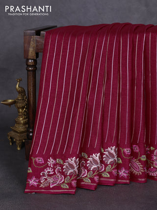 Semi tussar saree dark pink with allover silver & zari stripe pattern and convent embroidery border