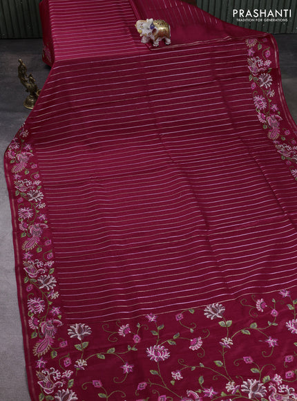 Semi tussar saree dark pink with allover silver & zari stripe pattern and convent embroidery border