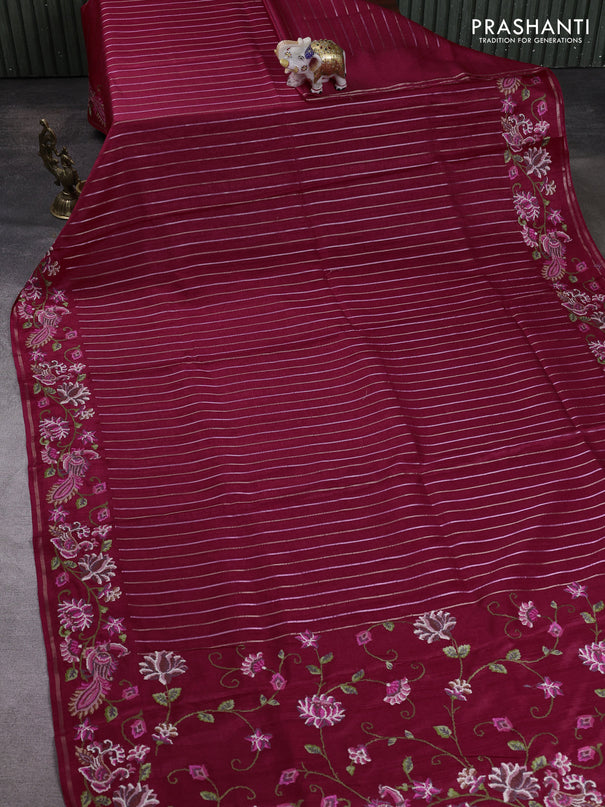Semi tussar saree dark pink with allover silver & zari stripe pattern and convent embroidery border