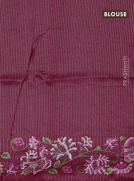 Semi tussar saree dark pink with allover silver & zari stripe pattern and convent embroidery border