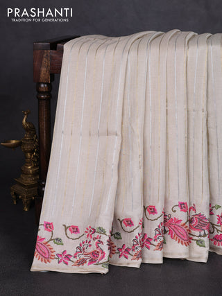 Semi tussar saree off white with allover silver & zari stripe pattern and convent embroidery border
