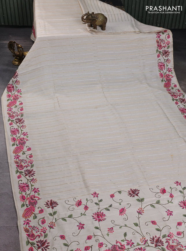 Semi tussar saree off white with allover silver & zari stripe pattern and convent embroidery border