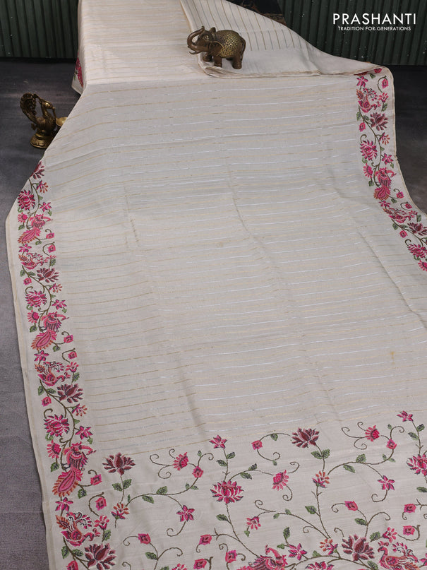 Semi tussar saree off white with allover silver & zari stripe pattern and convent embroidery border