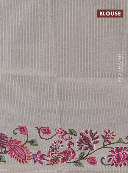 Semi tussar saree off white with allover silver & zari stripe pattern and convent embroidery border