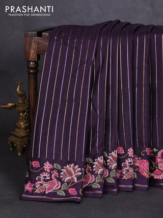 Semi tussar saree deep violet with allover silver & zari stripe pattern and convent embroidery border