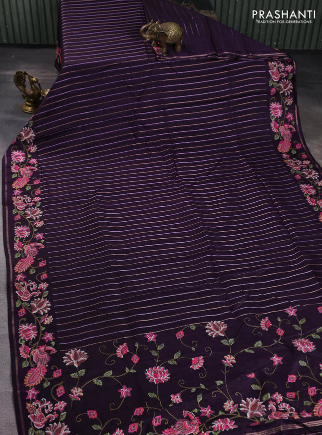 Semi tussar saree deep violet with allover silver & zari stripe pattern and convent embroidery border