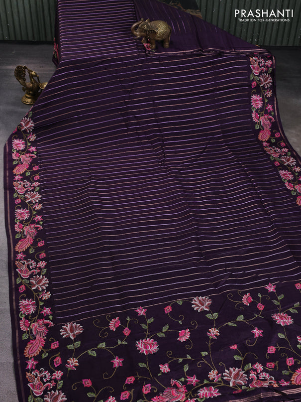 Semi tussar saree deep violet with allover silver & zari stripe pattern and convent embroidery border