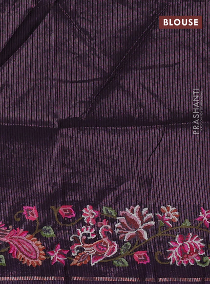 Semi tussar saree deep violet with allover silver & zari stripe pattern and convent embroidery border
