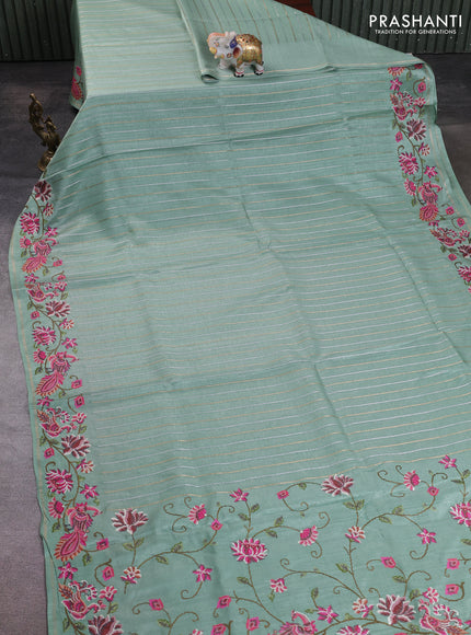 Semi tussar saree pastel green with allover silver & zari stripe pattern and convent embroidery border