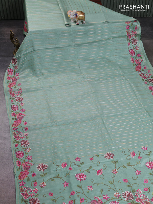 Semi tussar saree pastel green with allover silver & zari stripe pattern and convent embroidery border