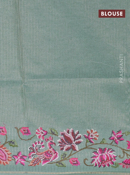 Semi tussar saree pastel green with allover silver & zari stripe pattern and convent embroidery border
