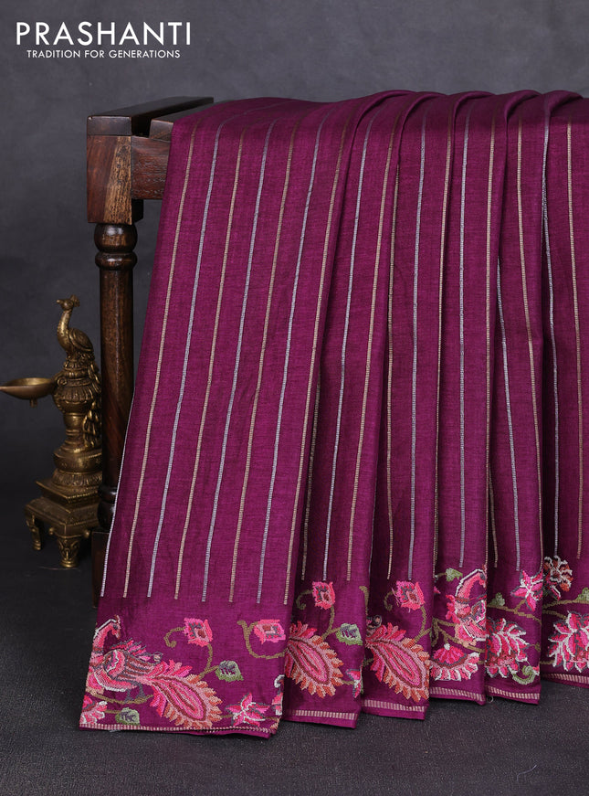 Semi tussar saree deep purple with allover silver & zari stripe pattern and convent embroidery border