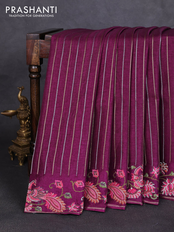 Semi tussar saree deep purple with allover silver & zari stripe pattern and convent embroidery border
