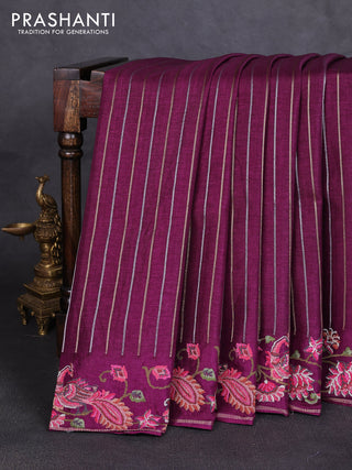 Semi tussar saree deep purple with allover silver & zari stripe pattern and convent embroidery border