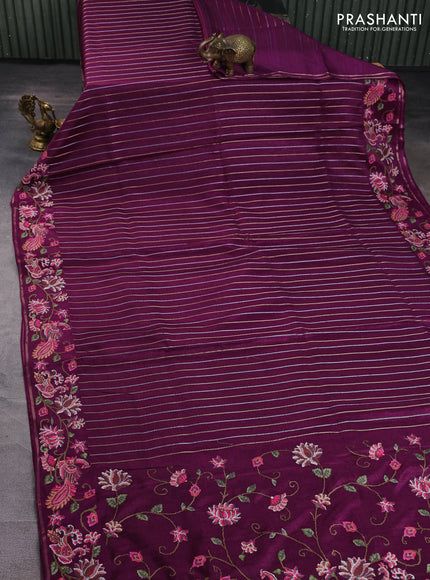 Semi tussar saree deep purple with allover silver & zari stripe pattern and convent embroidery border