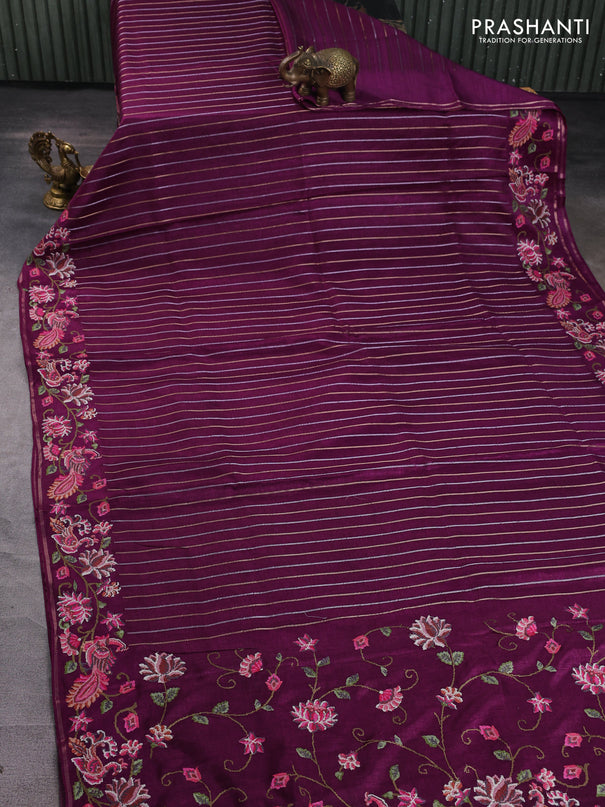 Semi tussar saree deep purple with allover silver & zari stripe pattern and convent embroidery border